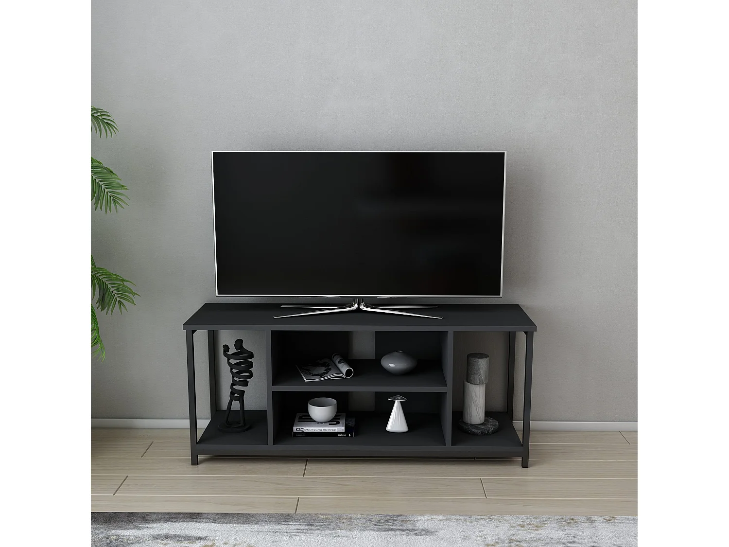 Industriële tv-kast, zwart en antraciet, 120 x 35 x 50,8 cm | 100% melamine gecoate spaanplaat, 18 mm dik, stevig metalen frame | Elegant en functioneel design