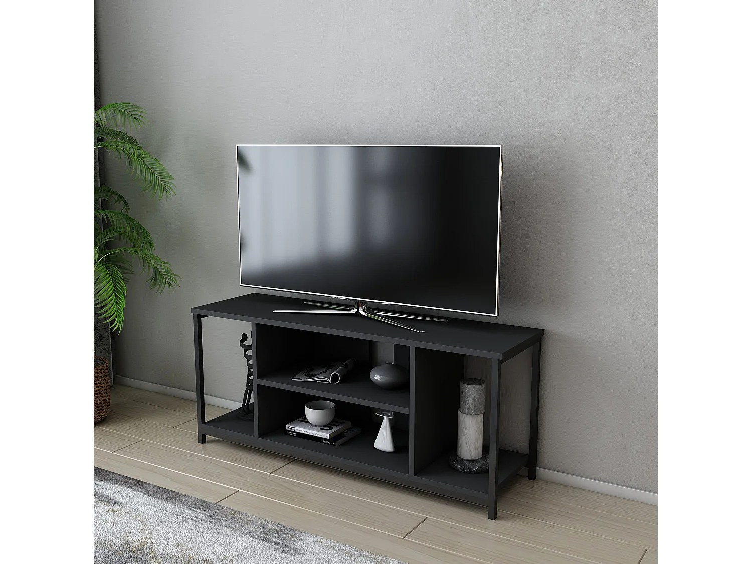 Industriële tv-kast, zwart en antraciet, 120 x 35 x 50,8 cm | 100% melamine gecoate spaanplaat, 18 mm dik, stevig metalen frame | Elegant en functioneel design