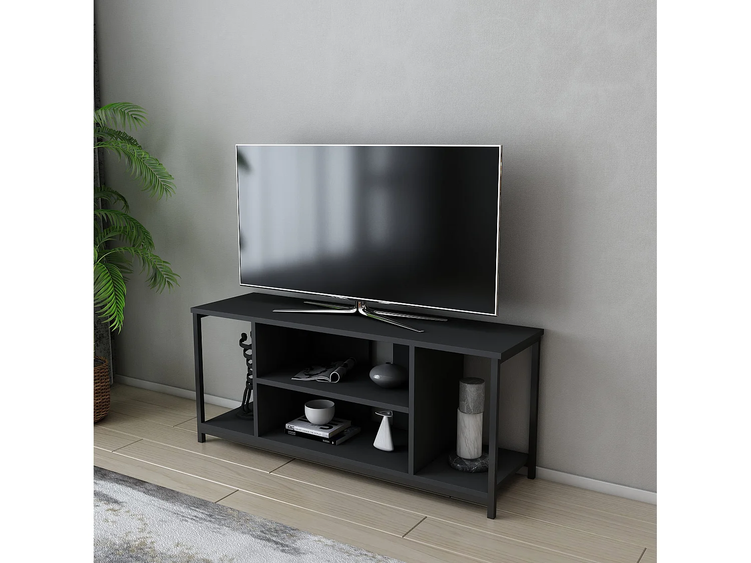 Industriële tv-kast, zwart en antraciet, 120 x 35 x 50,8 cm | 100% melamine gecoate spaanplaat, 18 mm dik, stevig metalen frame | Elegant en functioneel design
