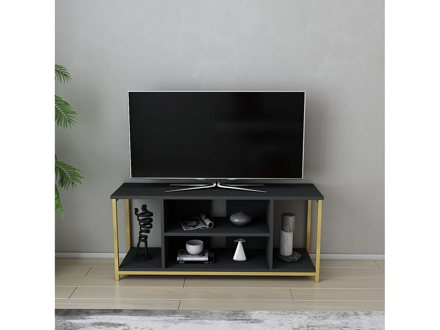Meuble TV Awzil L120cm Métal Or et Bois Anthracite