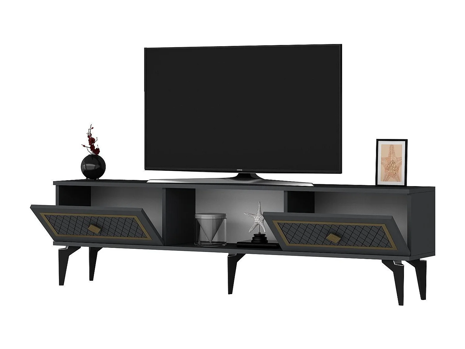 Mueble de TV – 150 cm x 44,6 cm x 29,6 cm – Antracita y Oro – Tablero de Partículas Revestido de Melamina