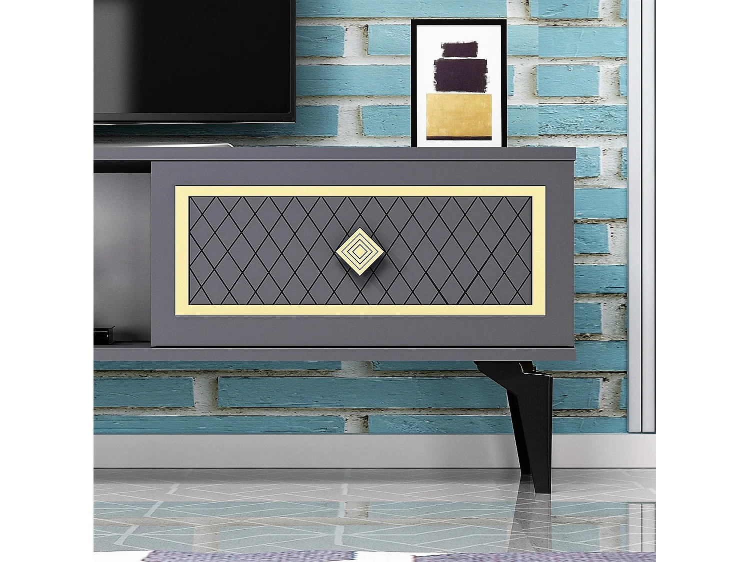 Mueble de TV – 150 cm x 44,6 cm x 29,6 cm – Antracita y Oro – Tablero de Partículas Revestido de Melamina