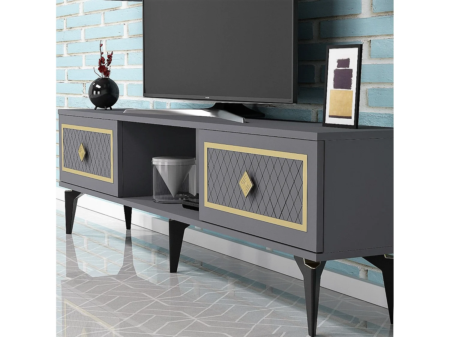 TV-Schrank – 150 cm x 44,6 cm x 29,6 cm – Anthrazit und Gold – Melaminbeschichtete Spanplatte