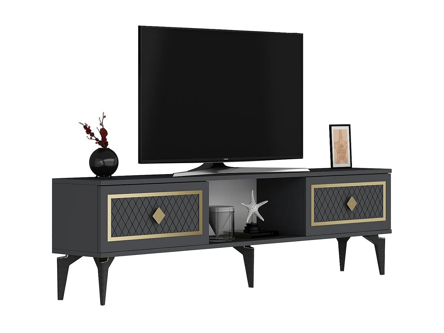 TV-Schrank – 150 cm x 44,6 cm x 29,6 cm – Anthrazit und Gold – Melaminbeschichtete Spanplatte