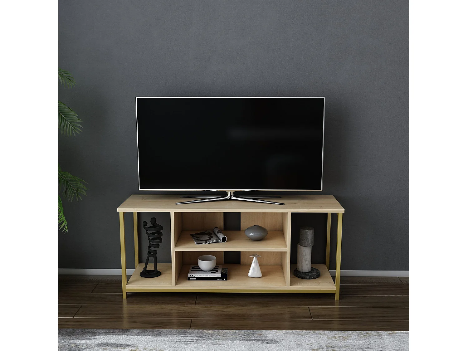 Meuble TV Awzil L120cm Métal Or et Bois Chêne clair