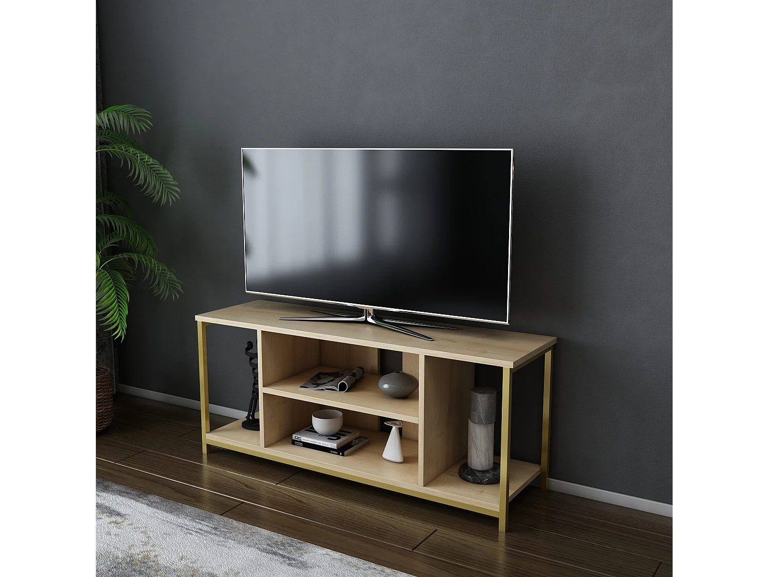 Meuble TV Awzil L120cm Métal Or et Bois Chêne clair