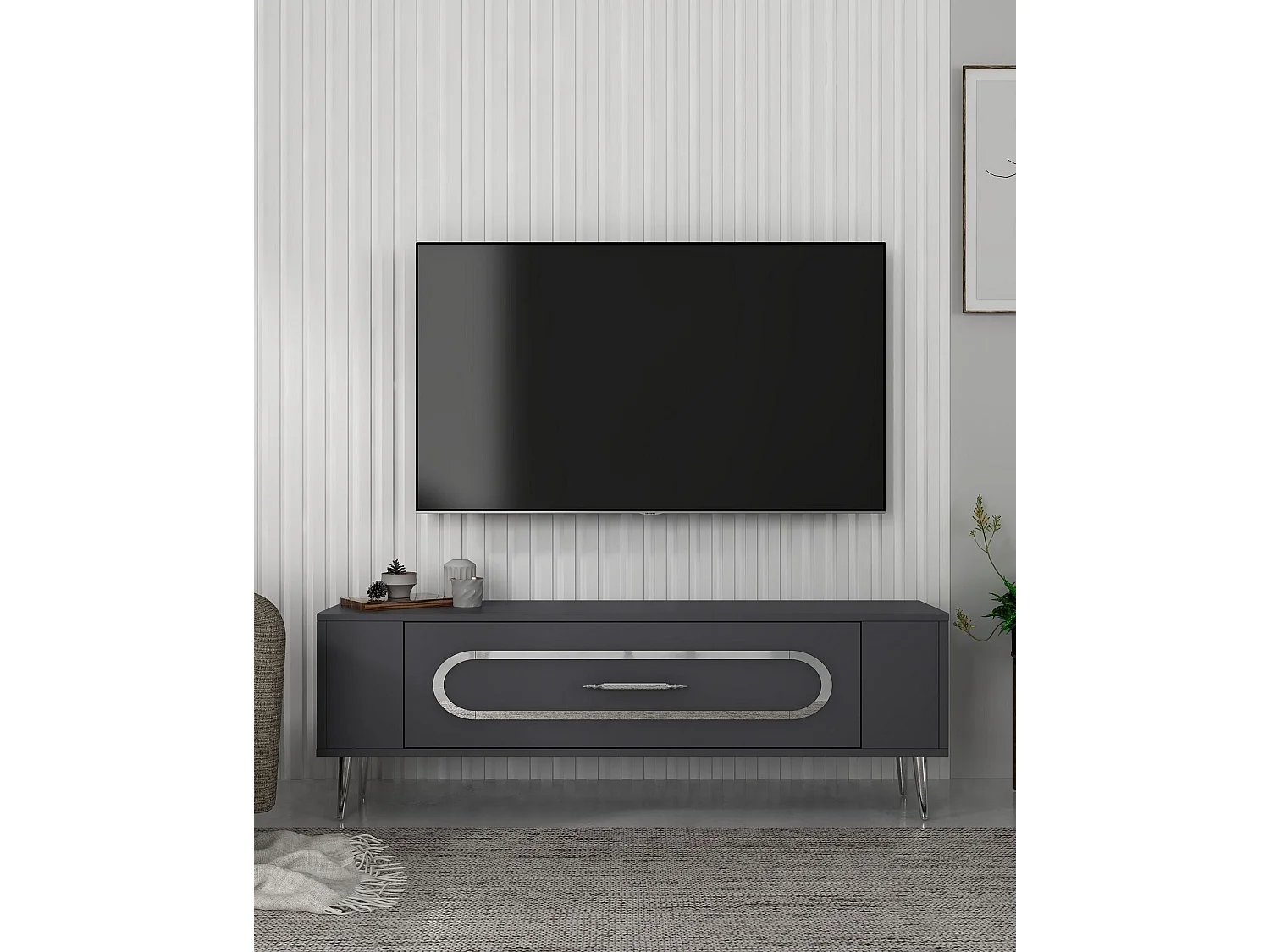 Mueble de TV – 120 cm x 48,2 cm x 26,4 cm – Antracita y Plata – Tablero de partículas recubierto de melamina