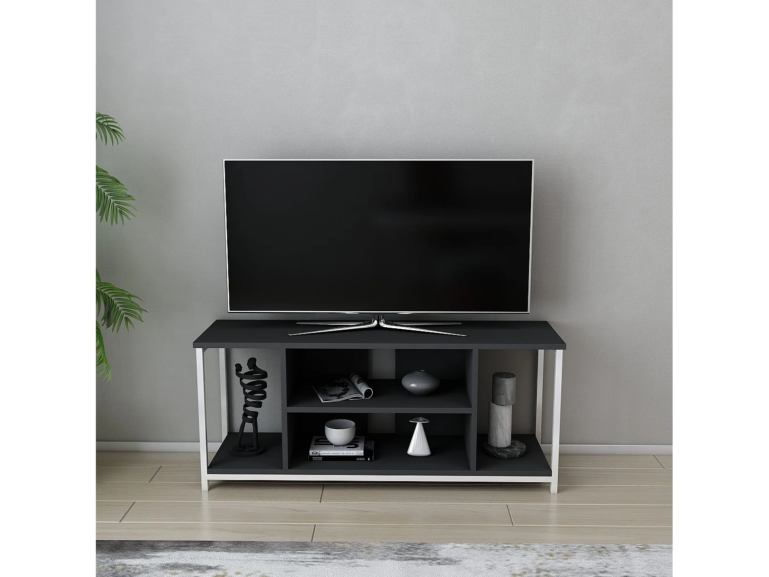 Elegante tv-meubel, 120 cm breed, wit en antraciet | 100% melamine gecoate spaanplaat, 18 mm dik, metalen frame | Modern woonkamerdesign