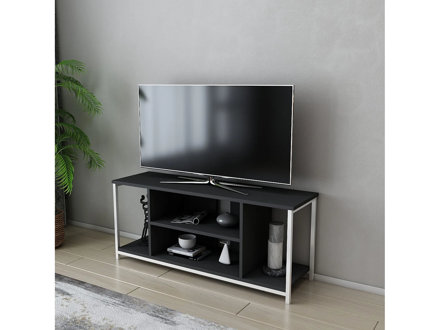 Elegante tv-meubel, 120 cm breed, wit en antraciet | 100% melamine gecoate spaanplaat, 18 mm dik, metalen frame | Modern woonkamerdesign