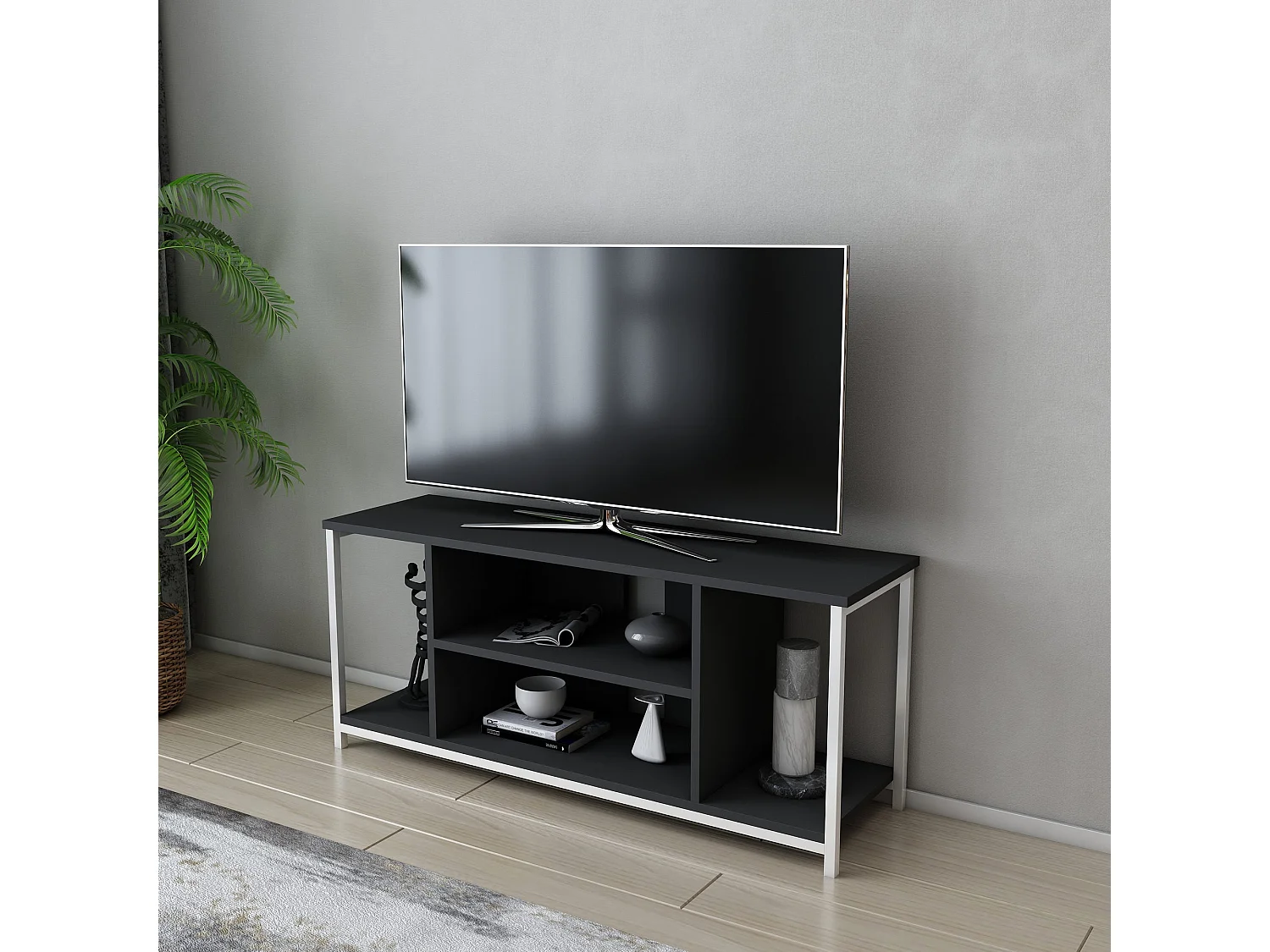 Elegante tv-meubel, 120 cm breed, wit en antraciet | 100% melamine gecoate spaanplaat, 18 mm dik, metalen frame | Modern woonkamerdesign