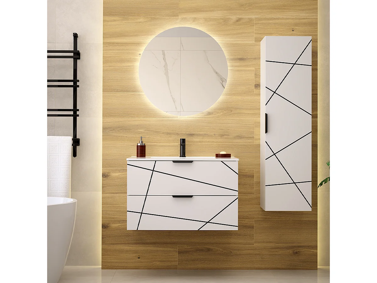 Ensemble meuble simple vasque encastrée 80cm et colonne Teren Blanc