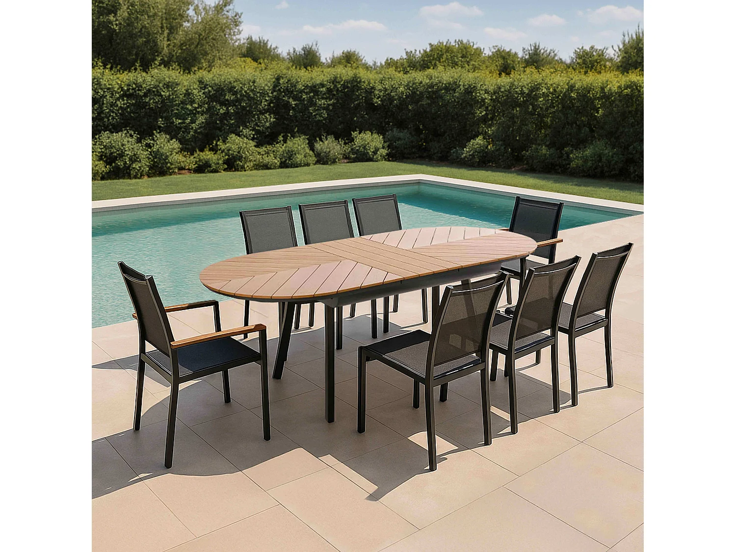 Ensemble table extensible 180/220 cm et 8 chaises de jardin effet bois