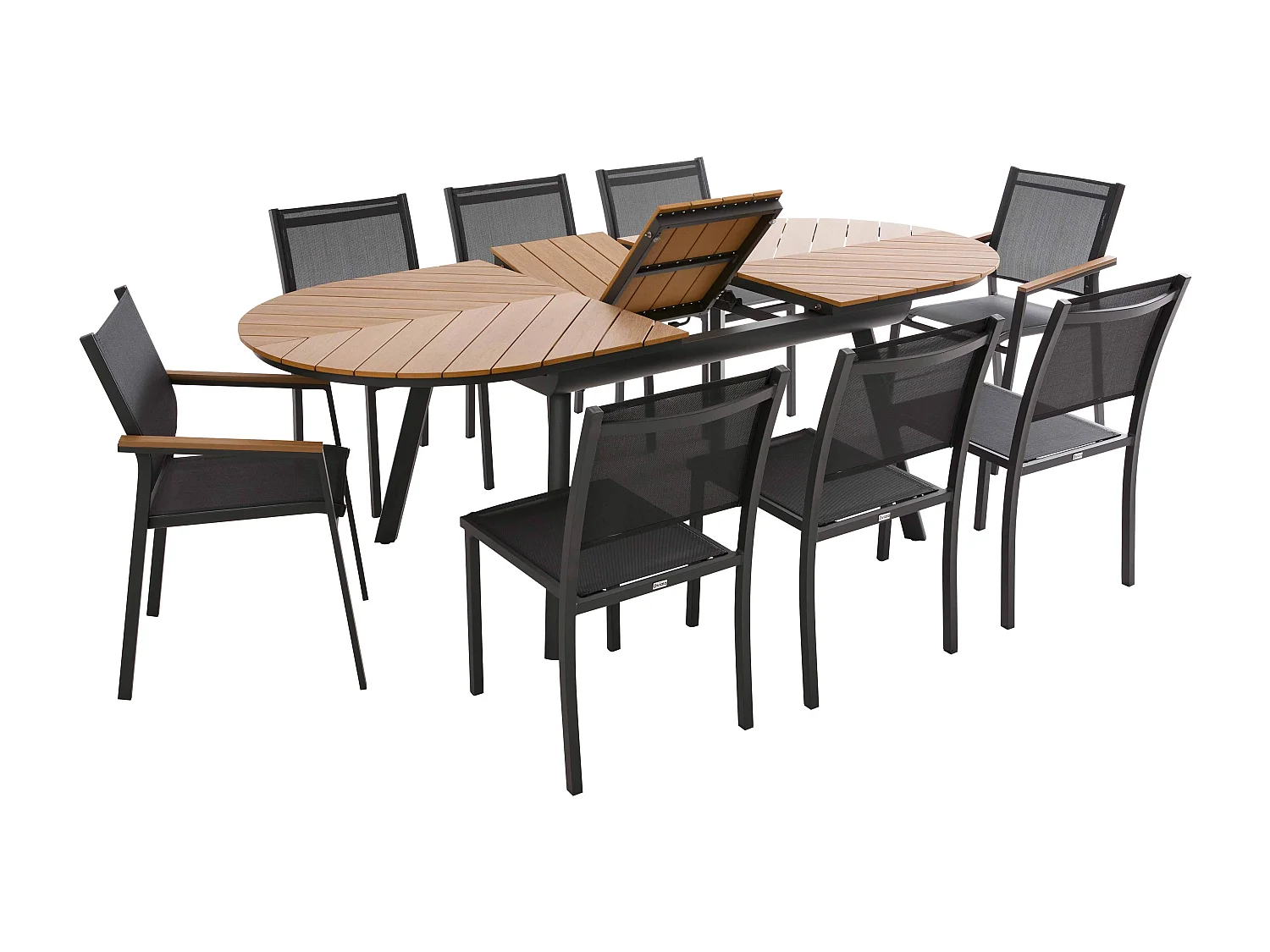 Ensemble table extensible 180/220 cm et 8 chaises de jardin effet bois