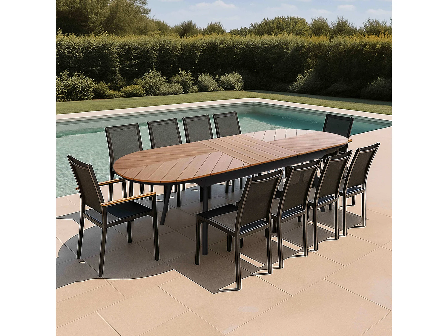 Ensemble table extensible 220/280 cm et 10 chaises de jardin
