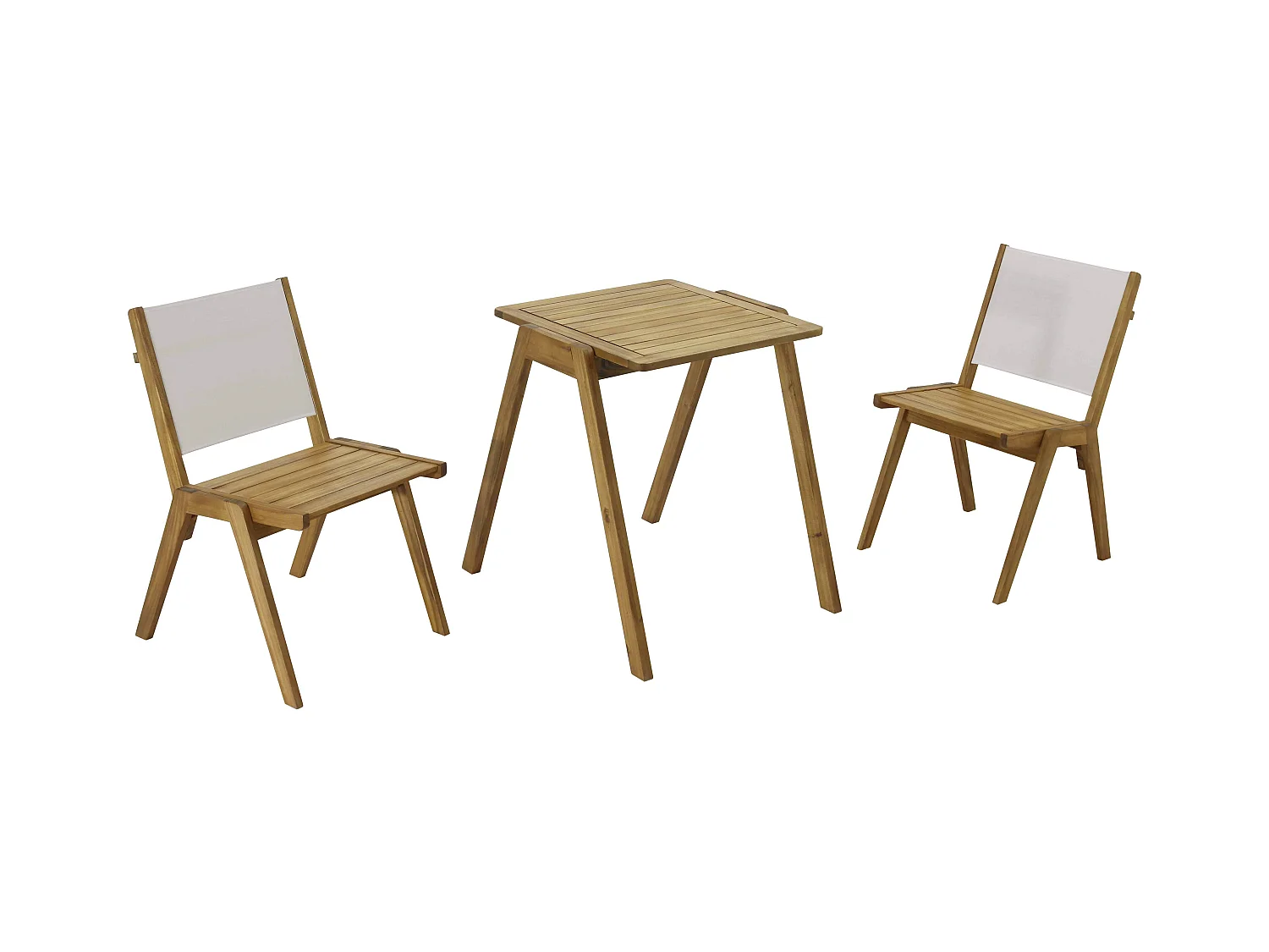 Table de jardin carrée et 2 chaises en bois écru