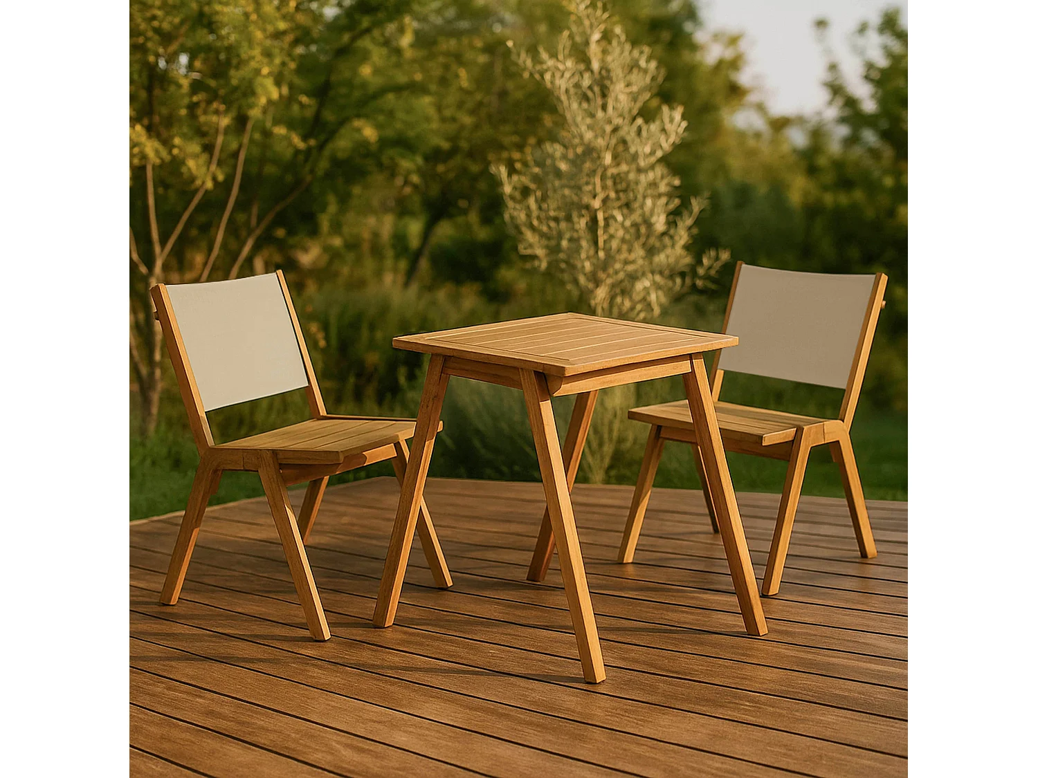 Table de jardin carrée et 2 chaises en bois écru