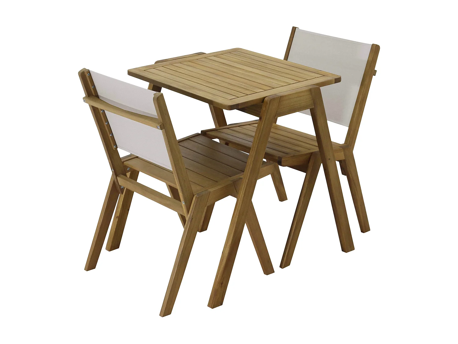 Table de jardin carrée et 2 chaises en bois écru