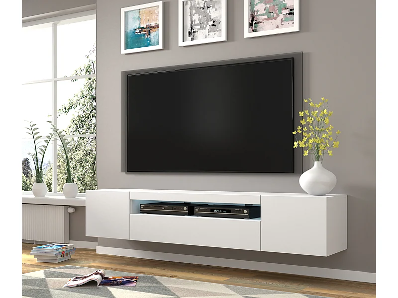 Mueble de TV AURA de 200 cm colgado o de pie, blanco mate / blanco brillante + LED
