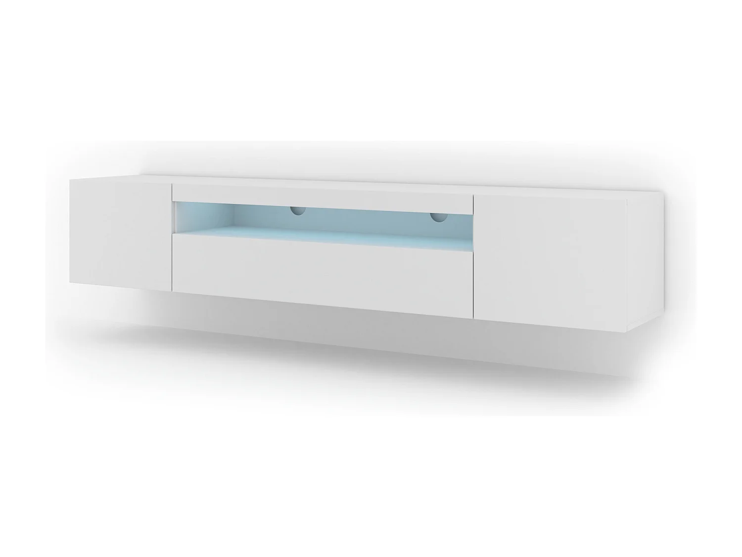 Mueble de TV AURA de 200 cm colgado o de pie, blanco mate / blanco brillante + LED