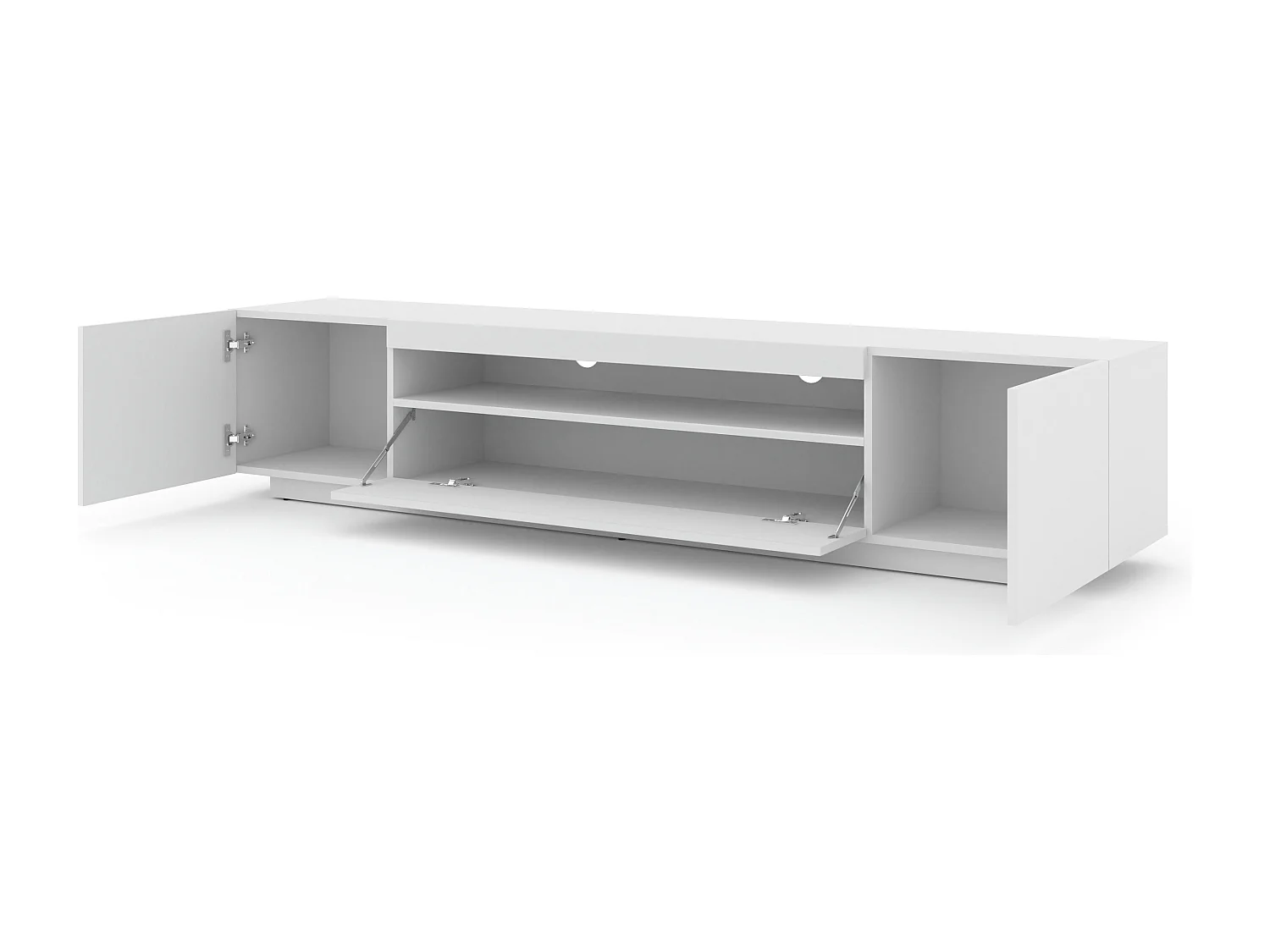 Mueble de TV AURA de 200 cm colgado o de pie, blanco mate / blanco brillante + LED