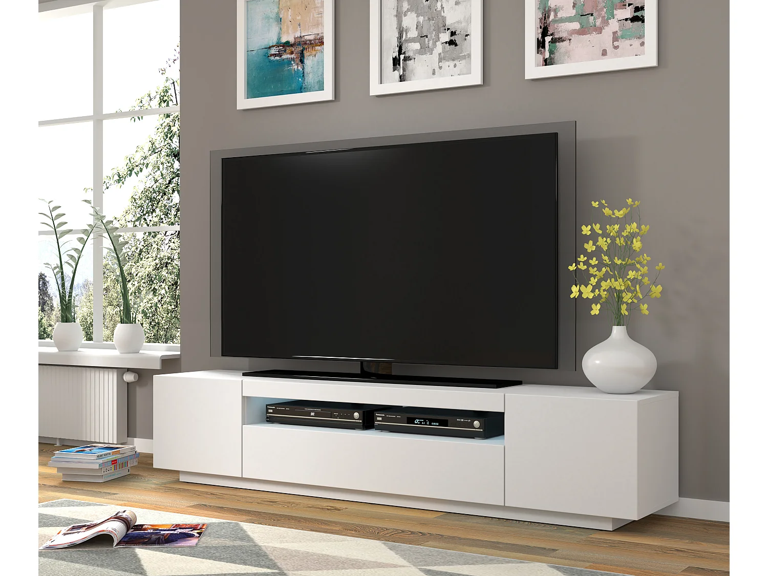 Meuble TV AURA 200 cm suspendu ou debout blanc mat