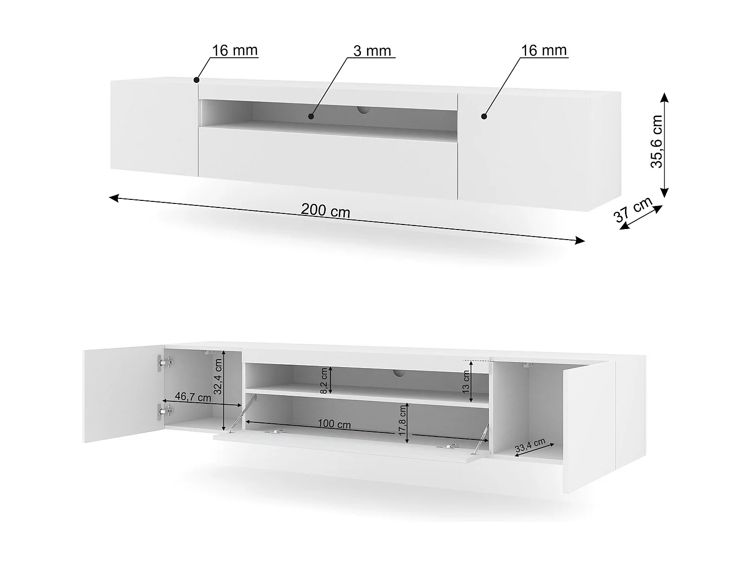 Meuble TV AURA 200 cm suspendu ou debout blanc mat