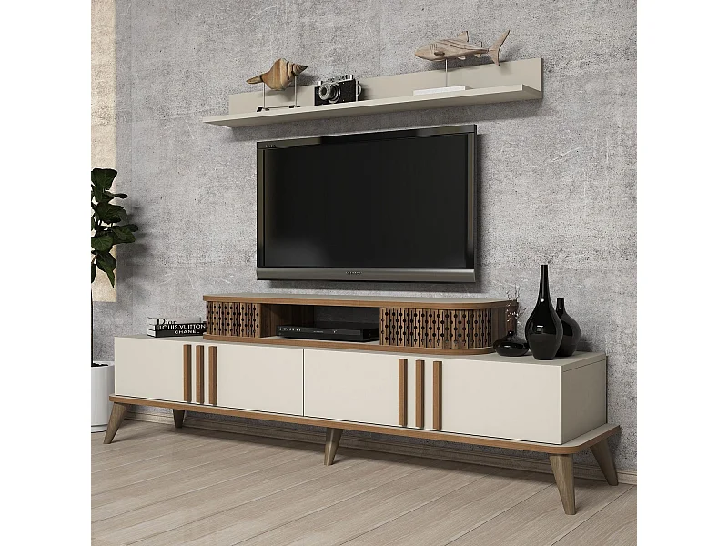 Mueble de TV moderno – 168 cm de ancho – color crema – recubierto 100% de melamina