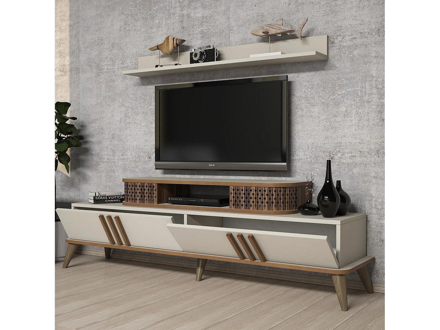 Mueble de TV moderno – 168 cm de ancho – color crema – recubierto 100% de melamina