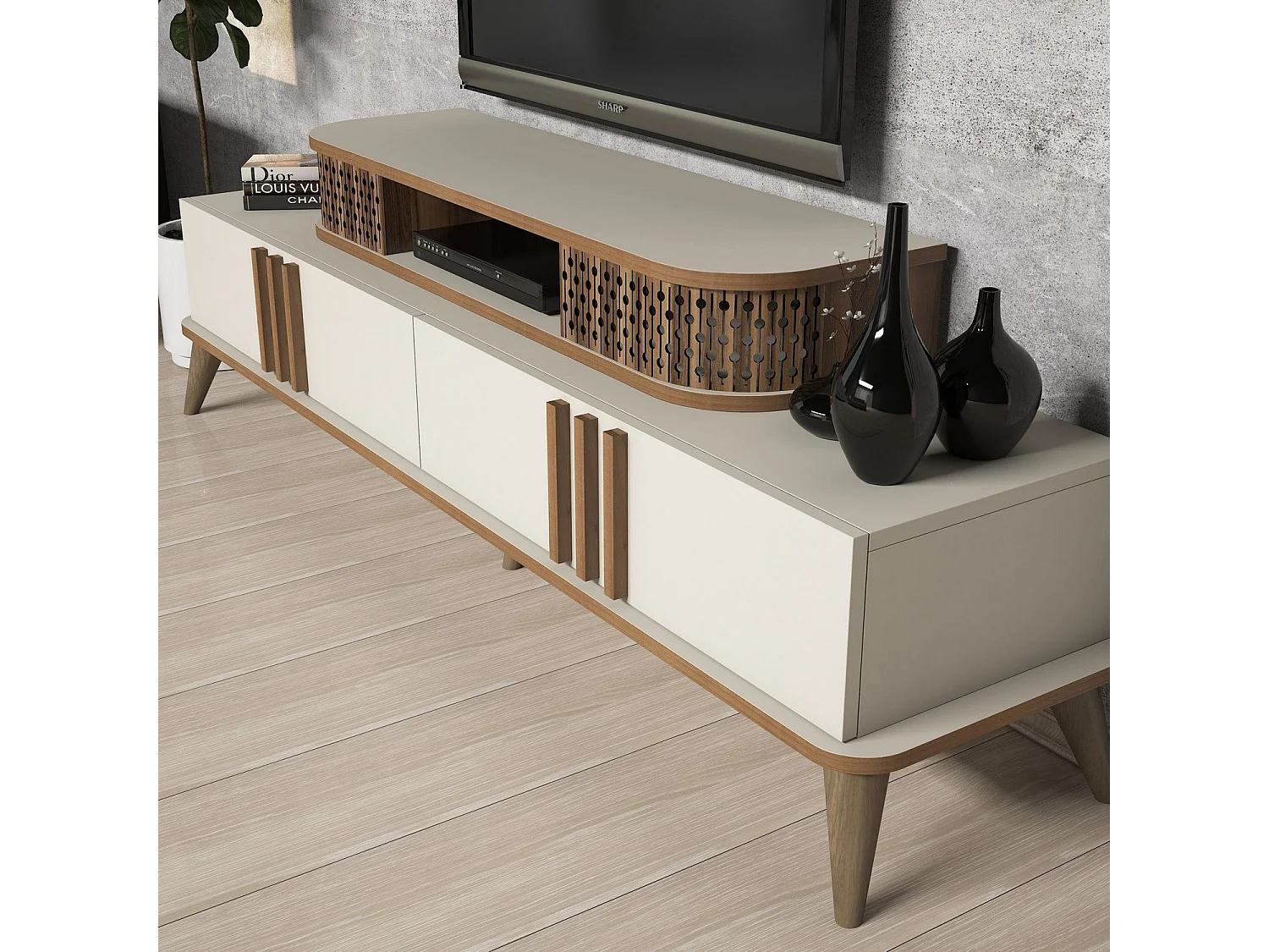 Mueble de TV moderno – 168 cm de ancho – color crema – recubierto 100% de melamina