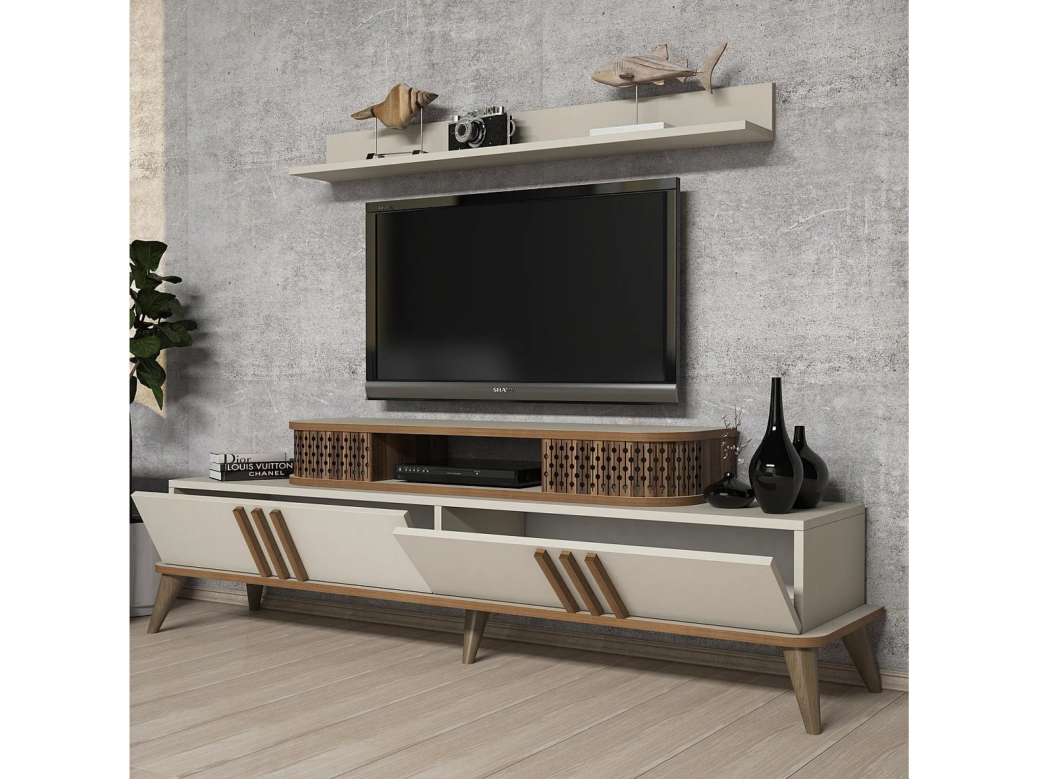 Mobile porta TV moderno – larghezza 168 cm – crema – rivestito in melaminico 100%