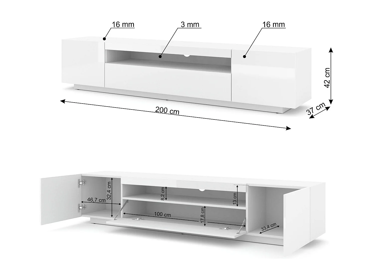 TV-kast AURA 200 cm hangend of staand, mat wit / hoogglans wit