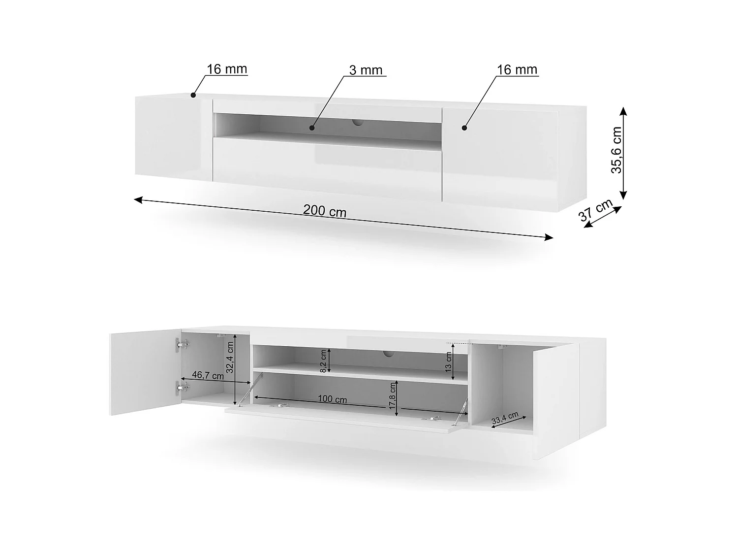 TV-kast AURA 200 cm hangend of staand, mat wit / hoogglans wit