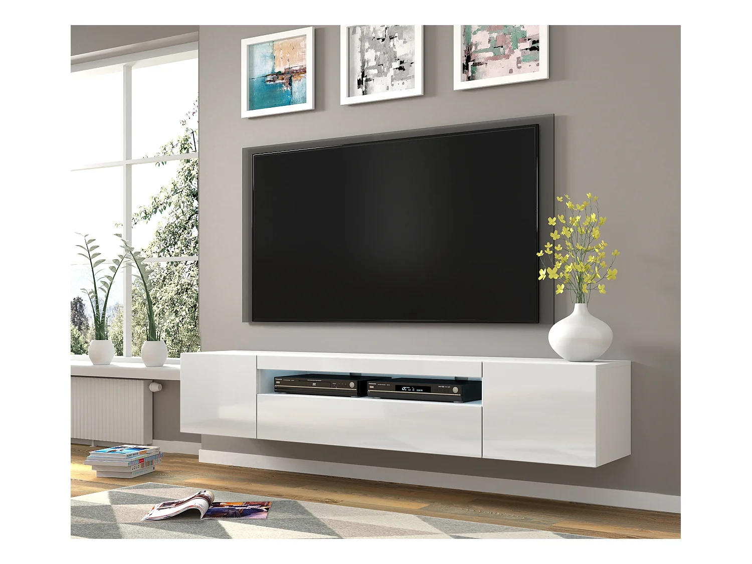Meuble TV AURA 200 cm suspendu ou debout blanc mat / blanc brillant