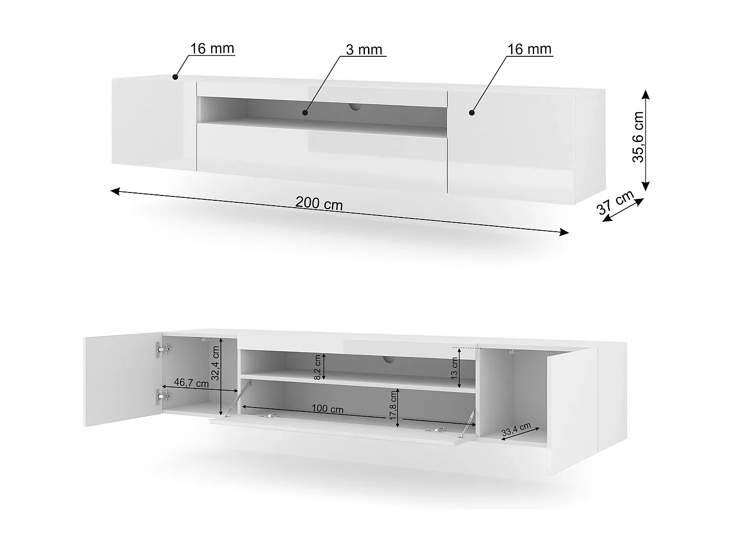 Meuble TV AURA 200 cm suspendu ou debout blanc mat / blanc brillant