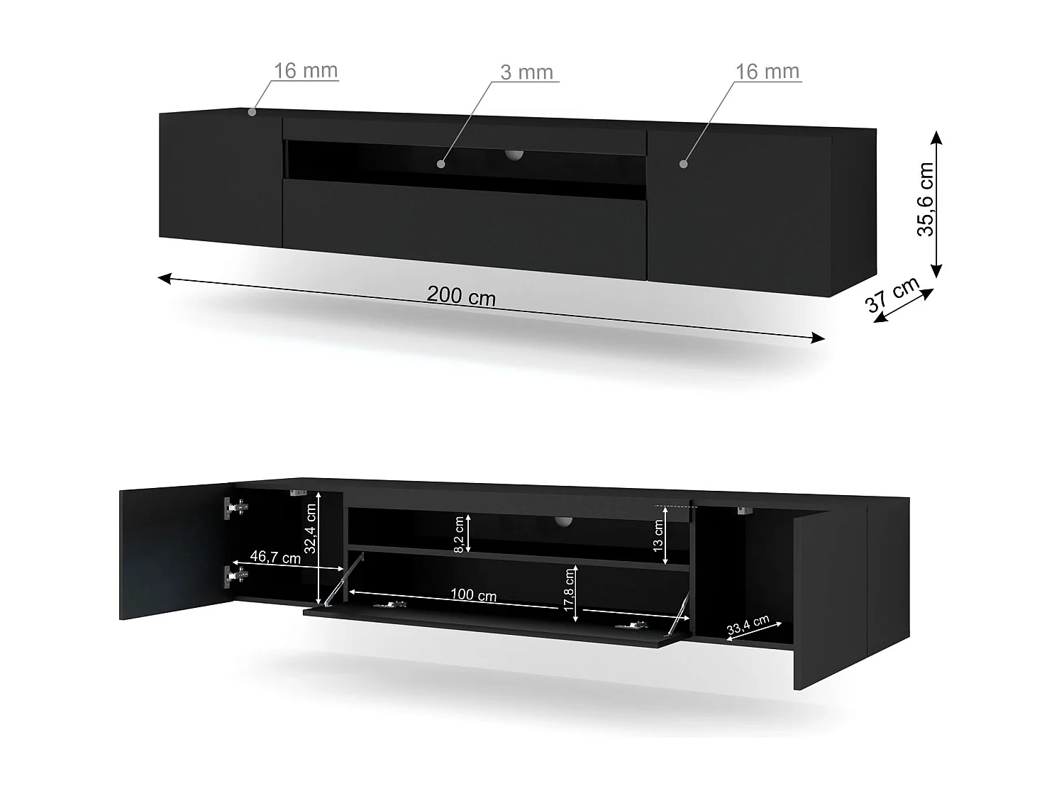 TV-kast AURA 200 cm hangend of staand, mat zwart / hoogglans zwart + LED