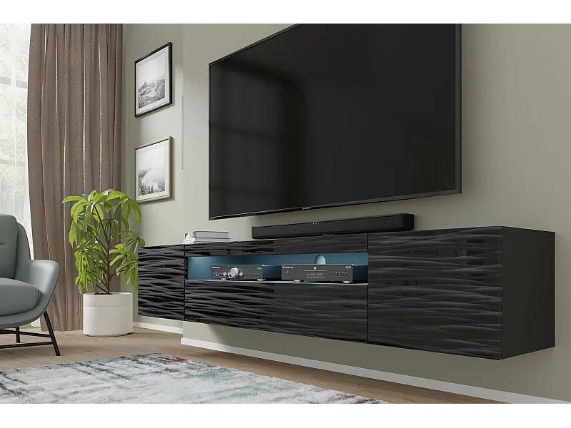 TV-kast AURA 200 cm hangend of staand, mat zwart / hoogglans zwart + LED