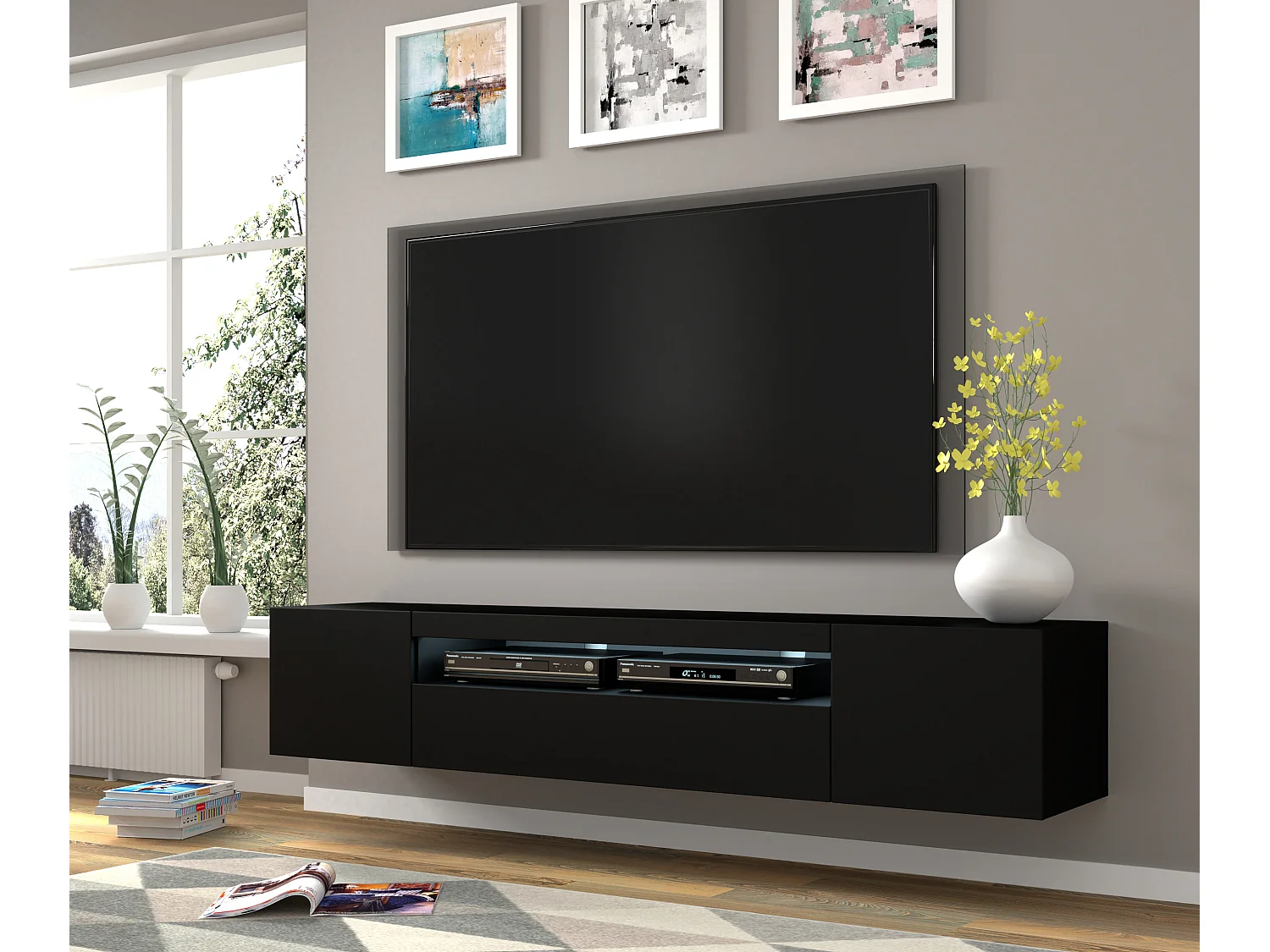 Meuble TV AURA 200 cm suspendu ou debout noir mat + LED