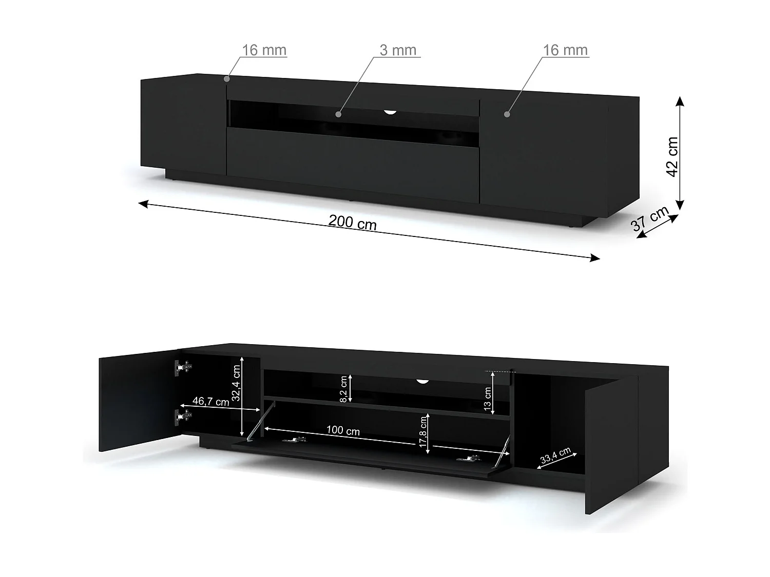 Meuble TV AURA 200 cm suspendu ou debout noir mat + LED