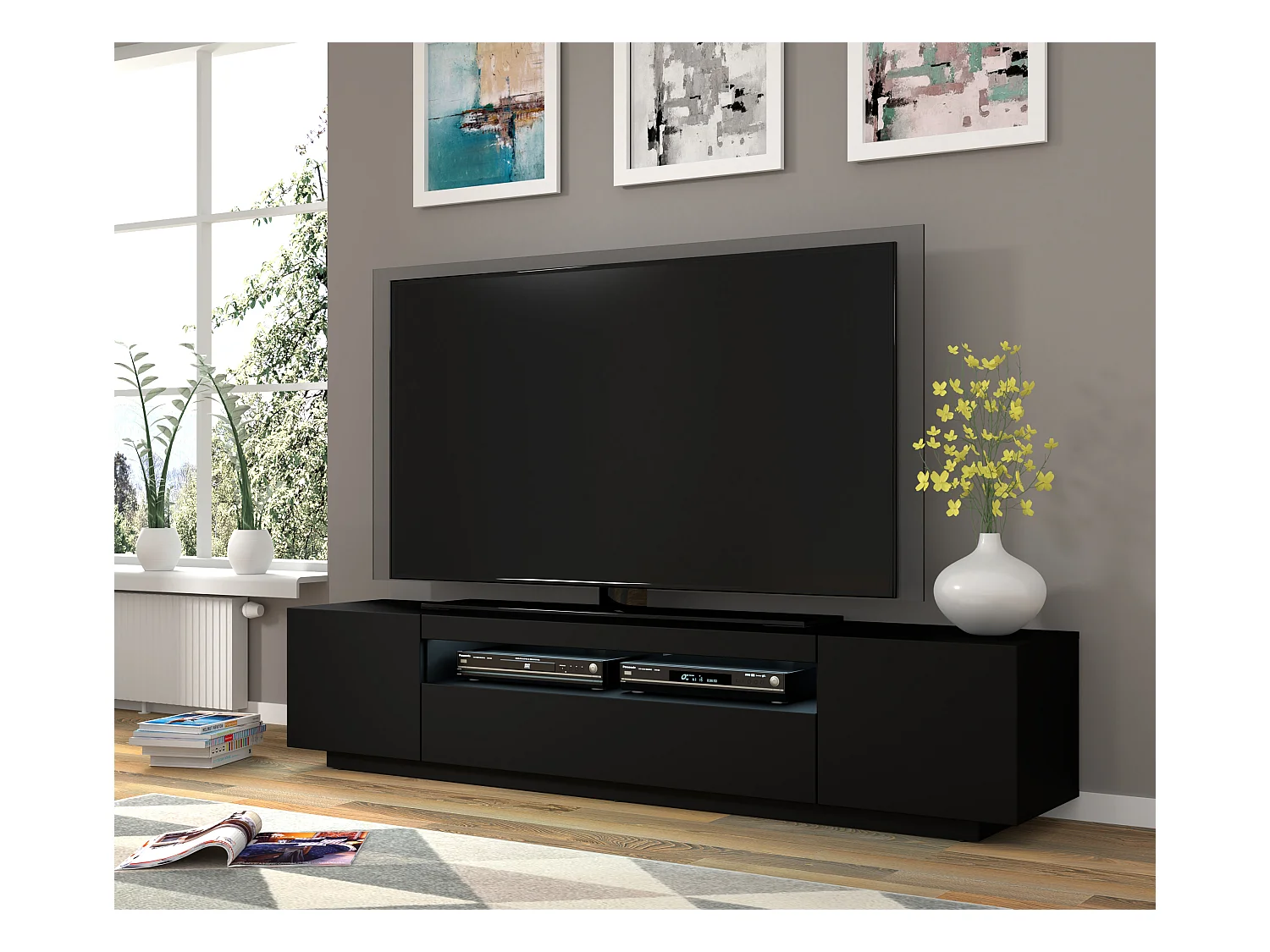 Meuble TV AURA 200 cm suspendu ou debout noir mat + LED