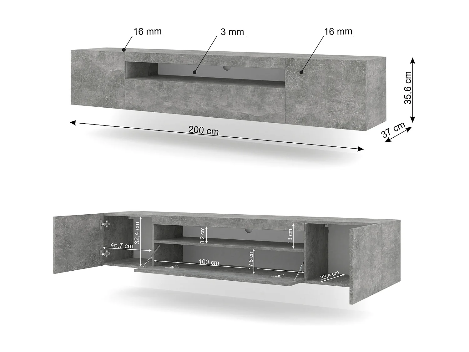 Meuble TV AURA 200 cm suspendu ou debout béton + LED
