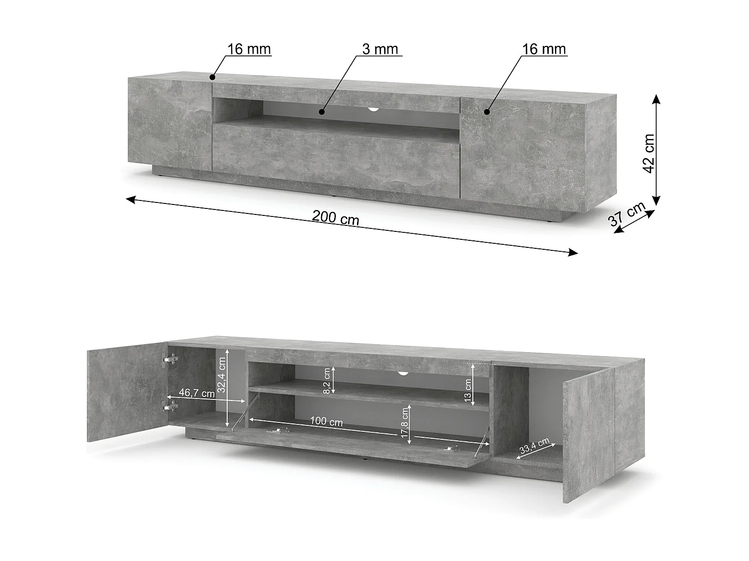 Meuble TV AURA 200 cm suspendu ou debout béton + LED
