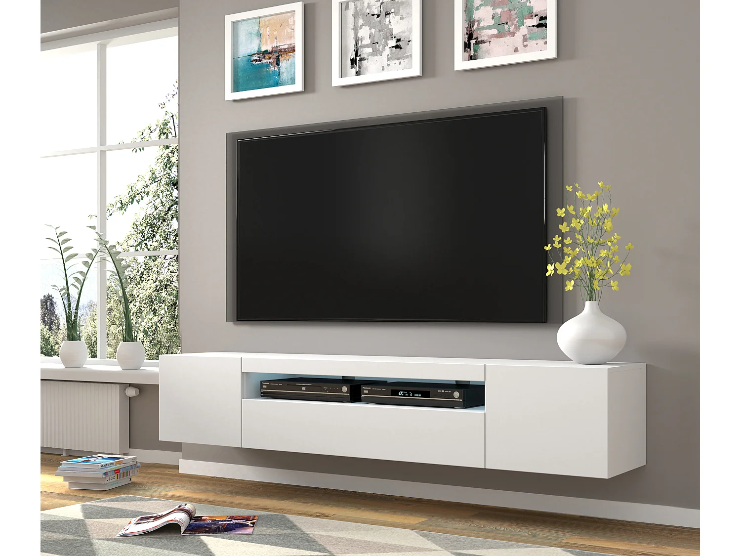 Mueble de TV AURA de 200 cm colgado o de pie, blanco mate + LED