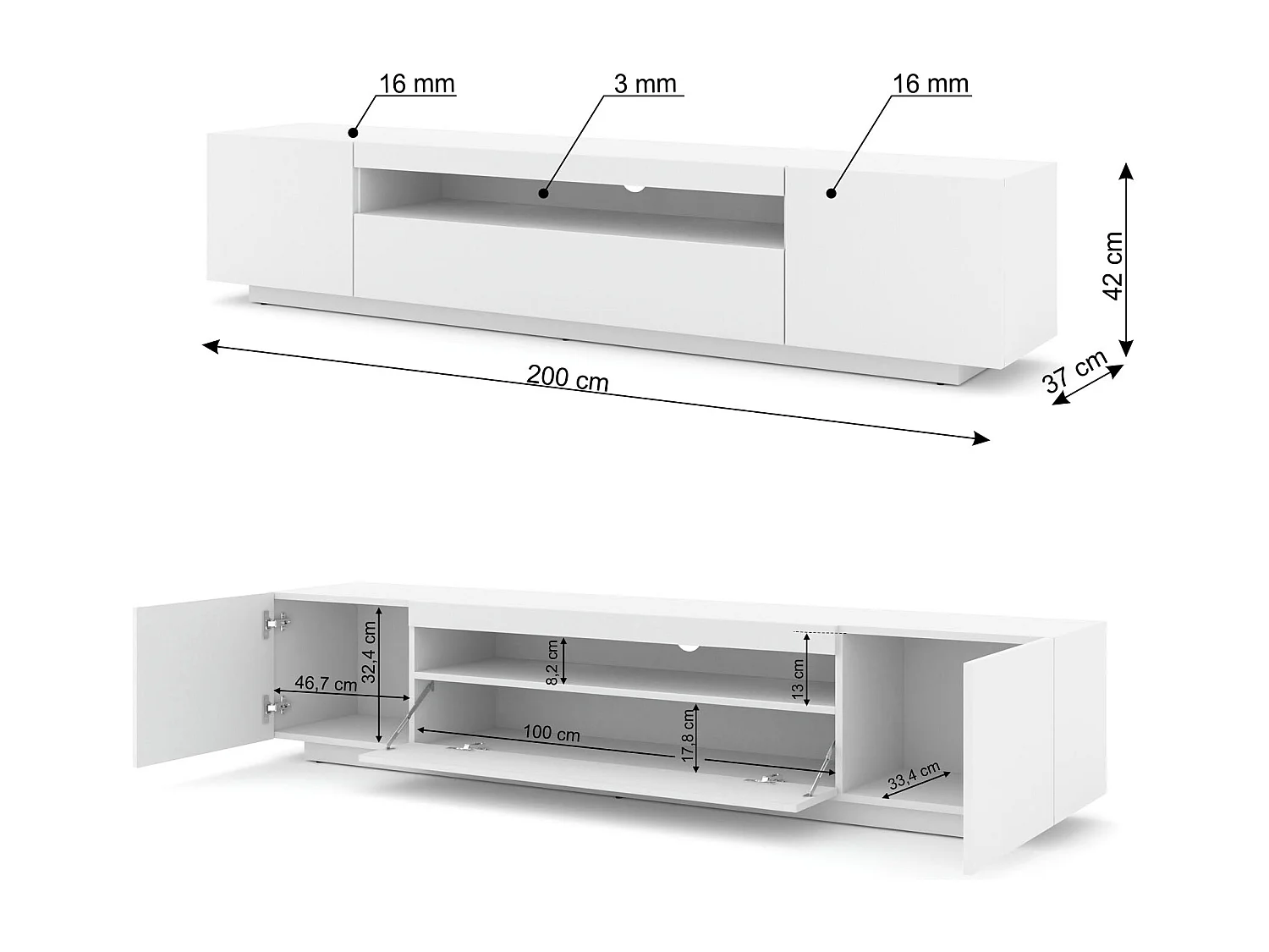 Mueble de TV AURA de 200 cm colgado o de pie, blanco mate + LED