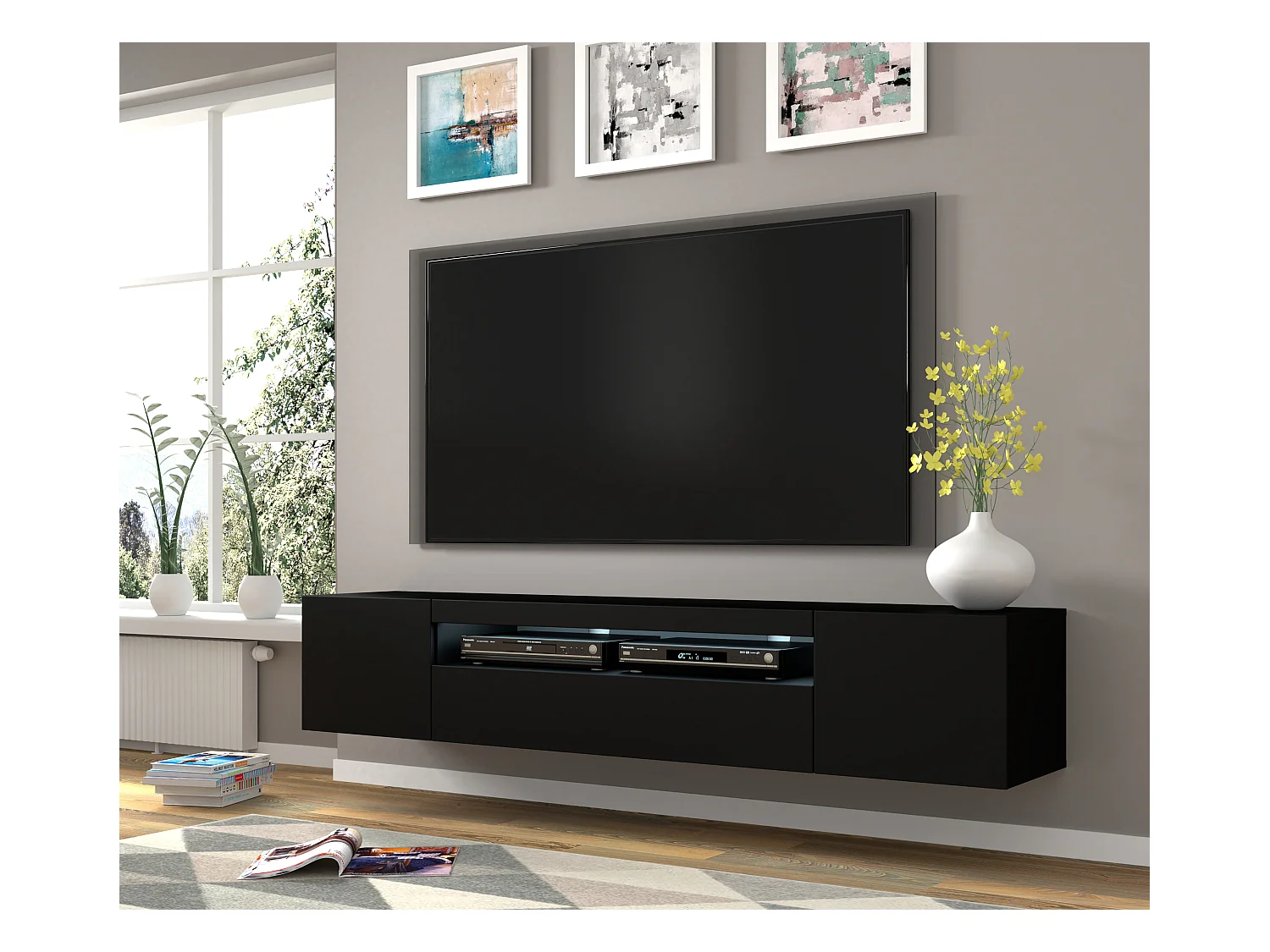 Meuble TV AURA 200 cm suspendu ou debout noir mat