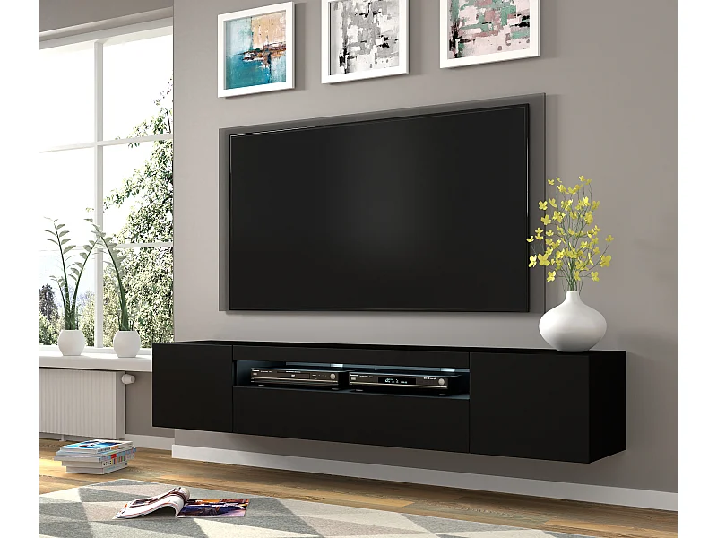 Mueble de TV AURA de 200 cm colgado o de pie, negro mate