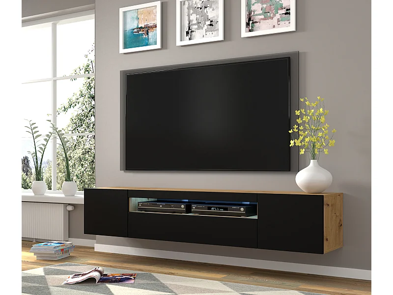 Meuble TV AURA 200 cm suspendu ou debout chêne artisanal / noir mat + LED