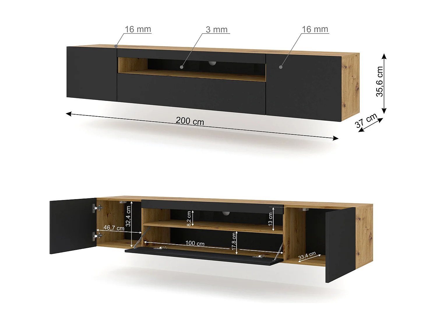 TV-kast AURA 200 cm hangend of staand, ambachtelijk eikenhout / mat zwart + LED