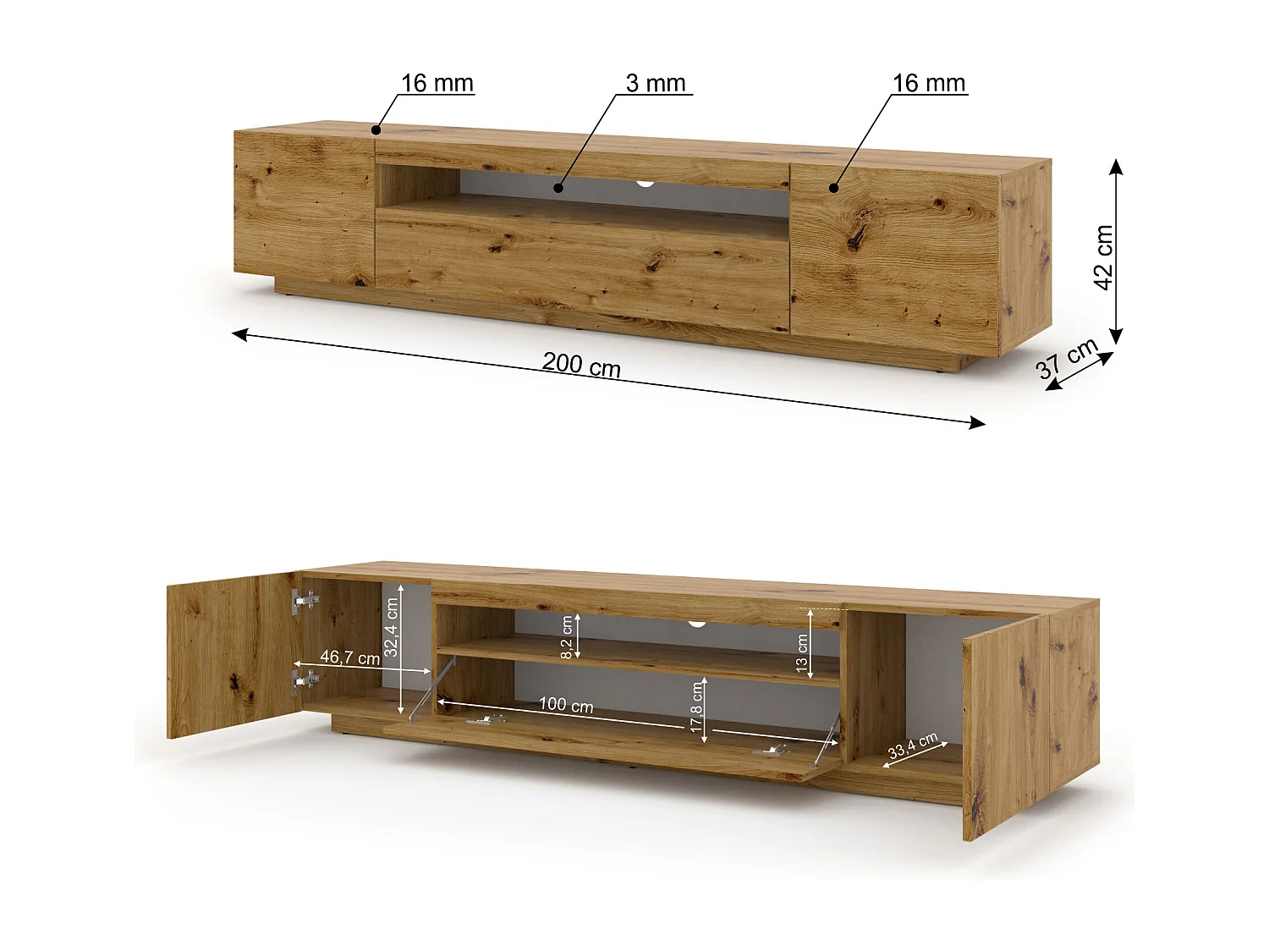 TV-kast AURA 200 cm hangend of staand, ambachtelijk eikenhout