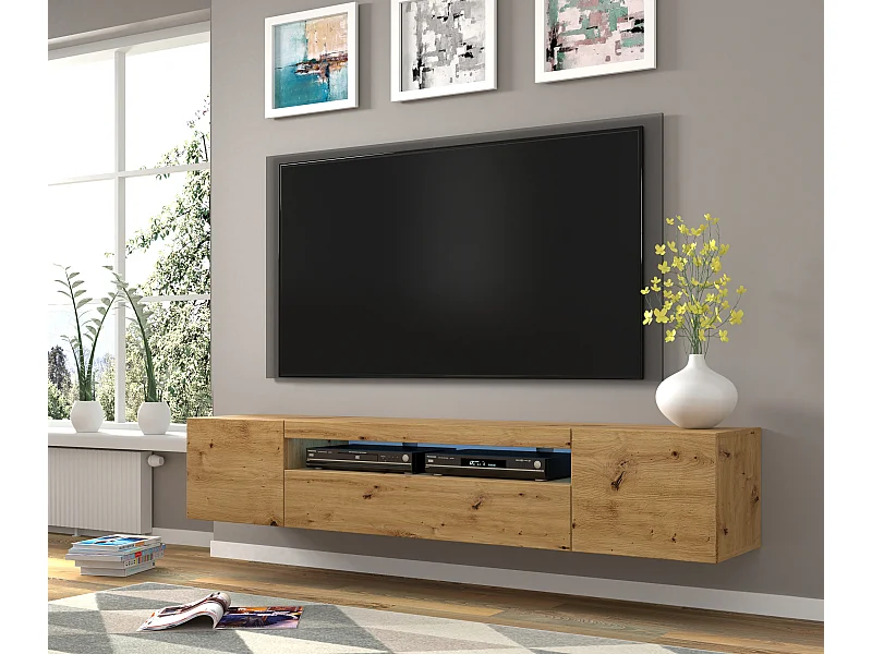 Meuble TV AURA 200 cm suspendu ou debout chêne artisanal + LED