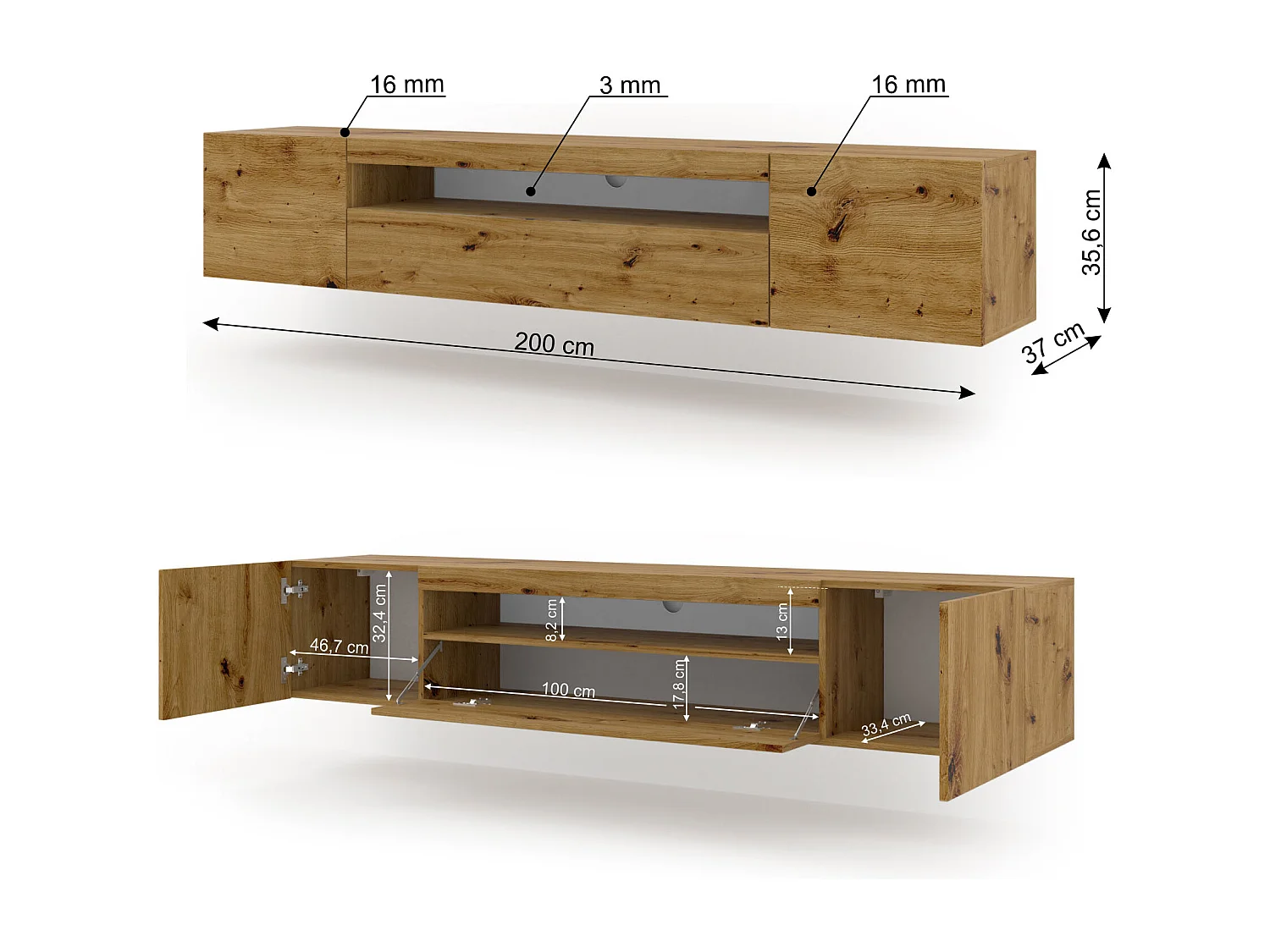 Meuble TV AURA 200 cm suspendu ou debout chêne artisanal + LED